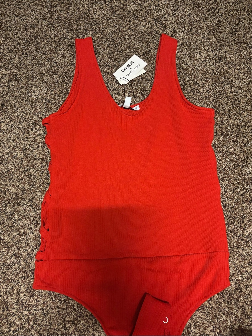Express Red Ribbed V-Neck Side-Tie Bodysuit